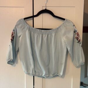 GUESS Light Blue Off-Shoulder Embroidered Sleeve Top